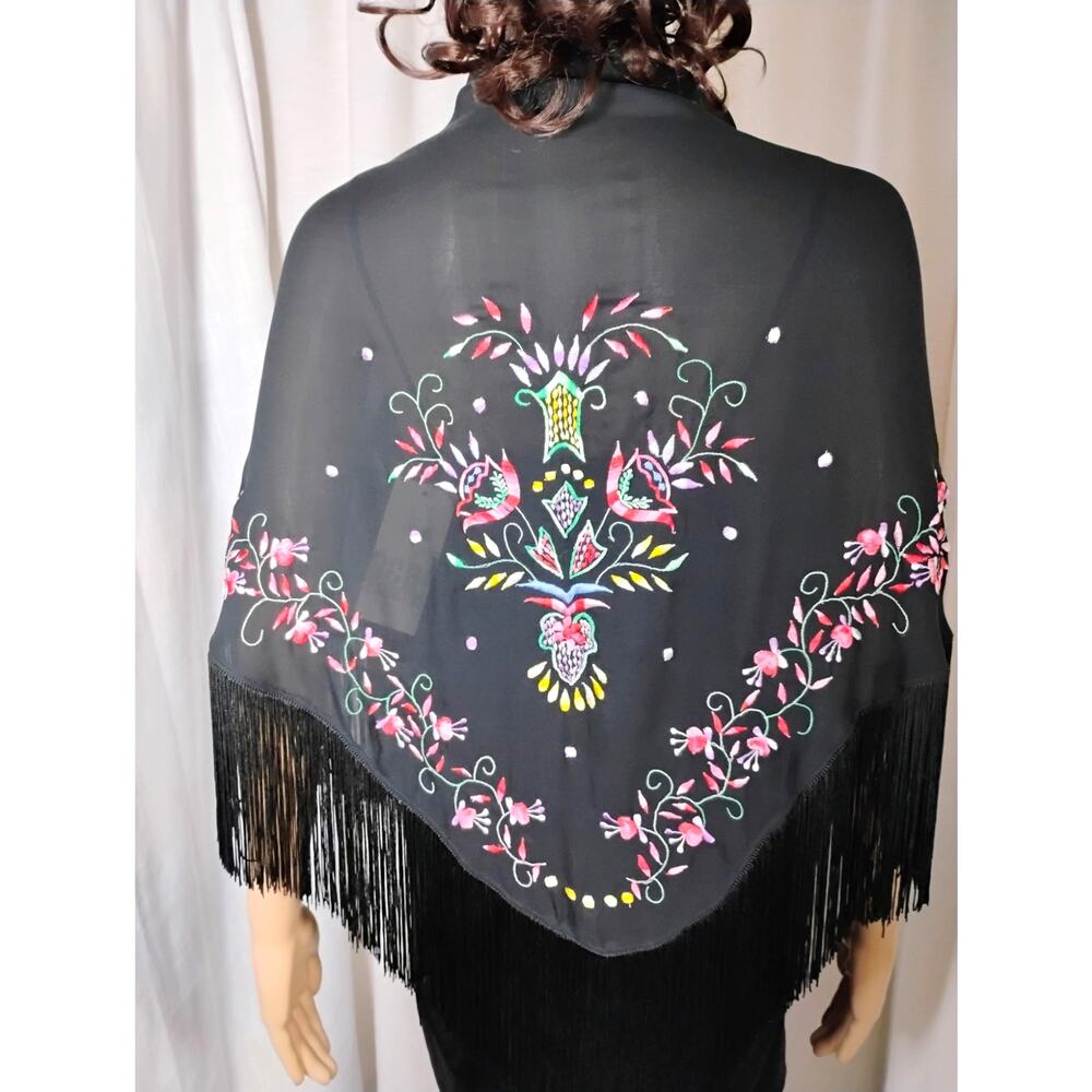 California Style Black Silk Sheer Floral Embroidered Fringe Triangle Scarf Boho